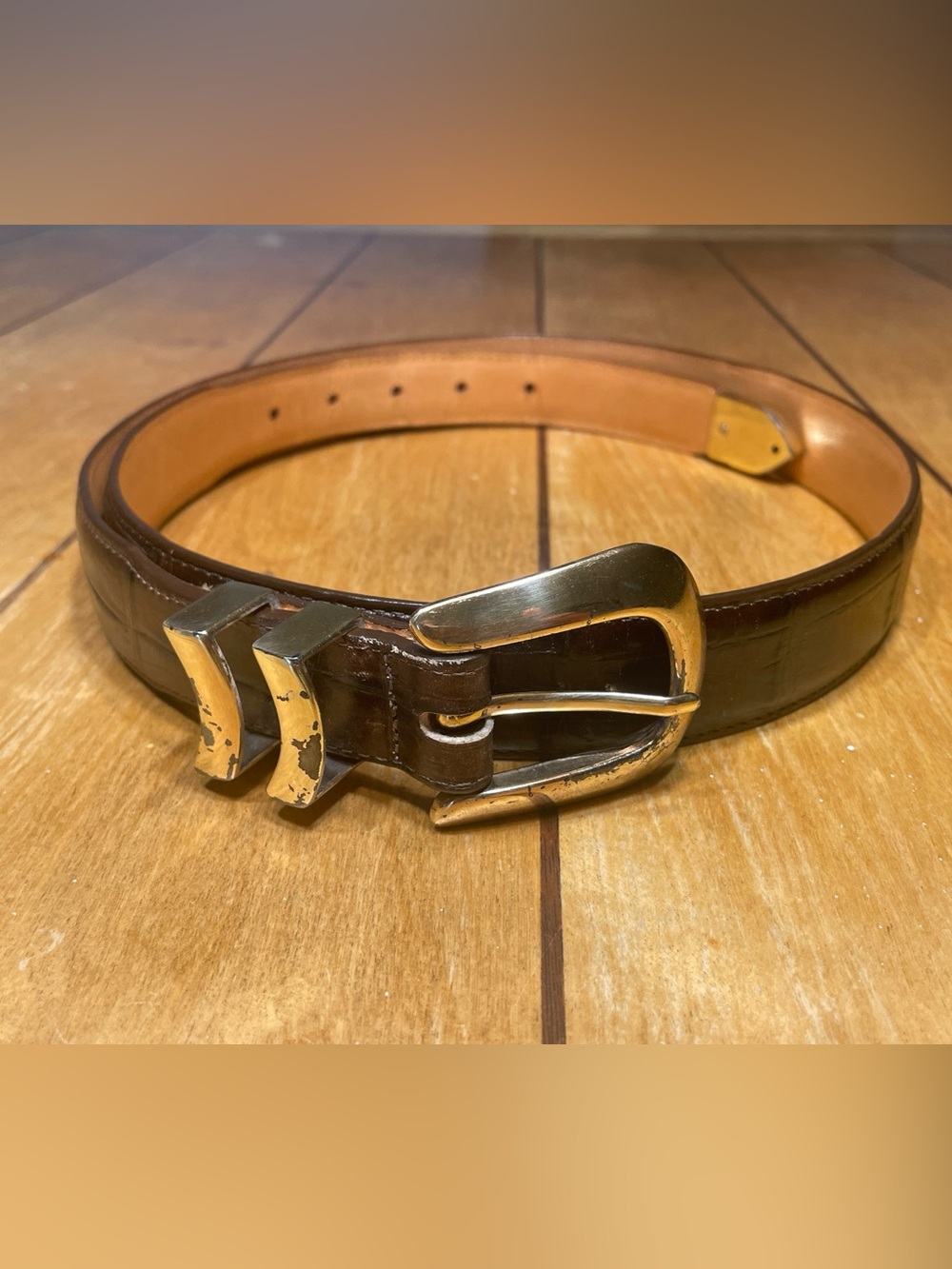 Onyx by Brighton Men’s Brown Leather Croc Embossed Belt with Gold-Tone Buckle 38